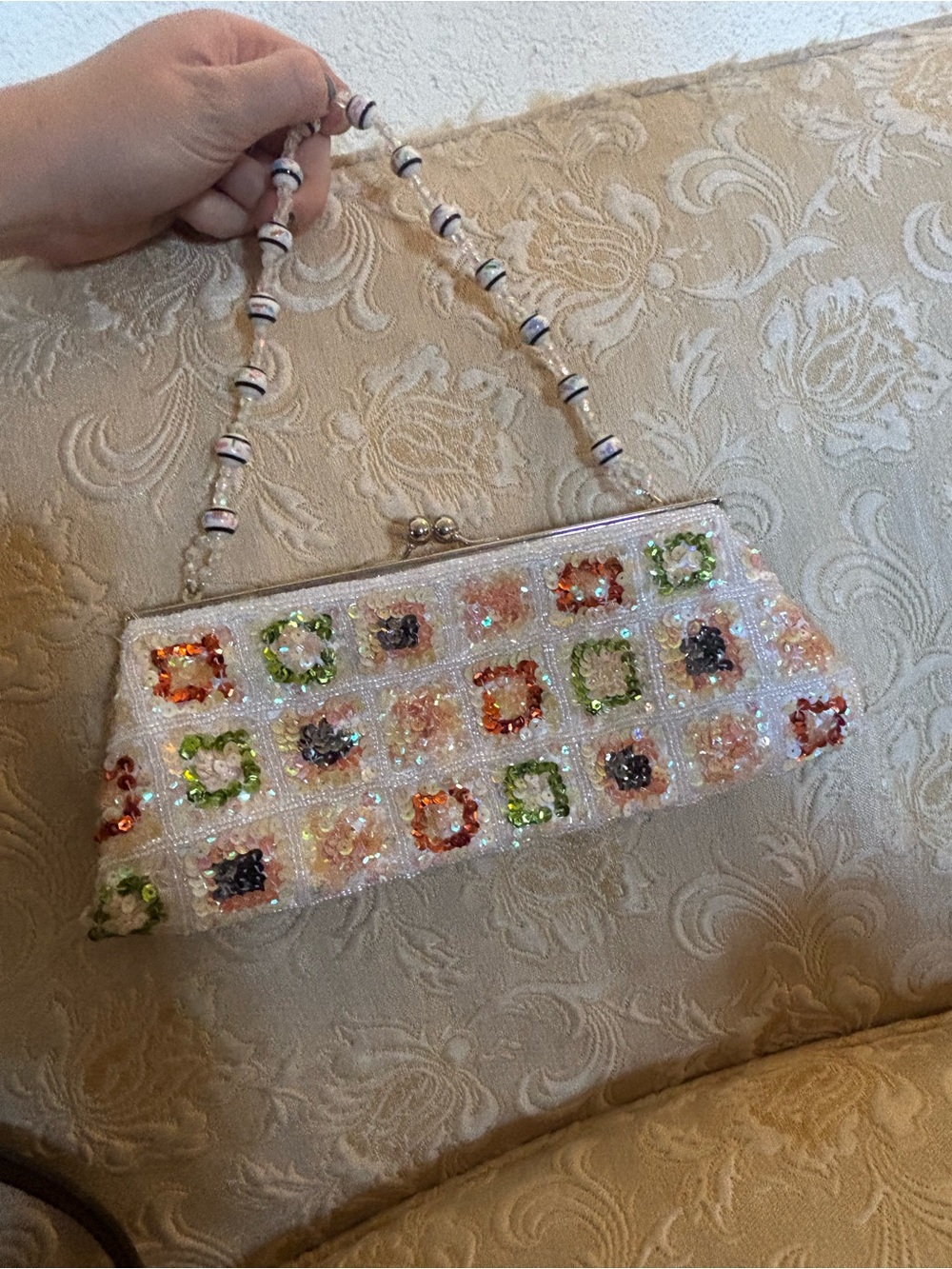 Beaded White Multi-Color Sequin Evening Clutch